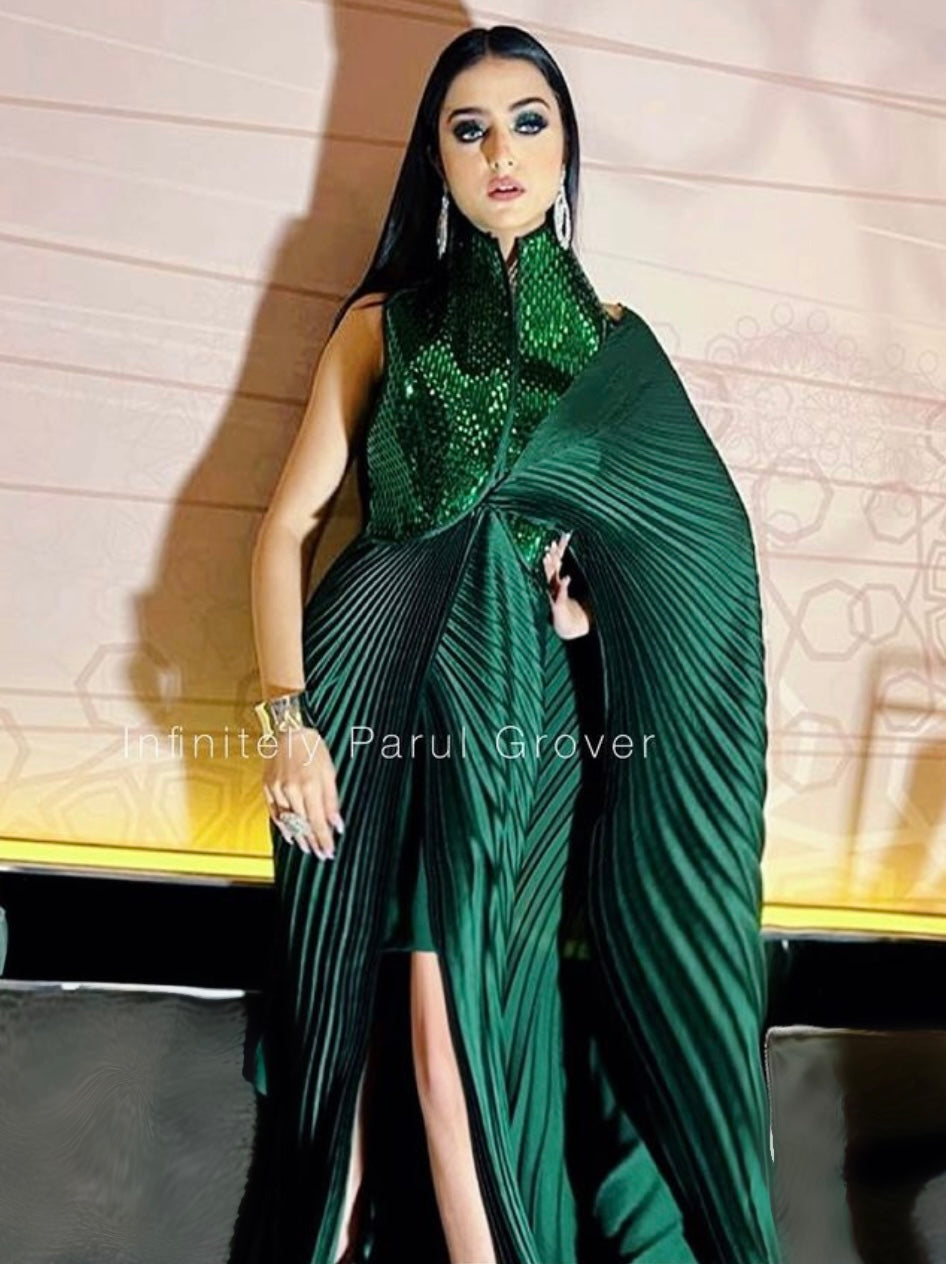 Green Pleated Saree with Polymer Jacket