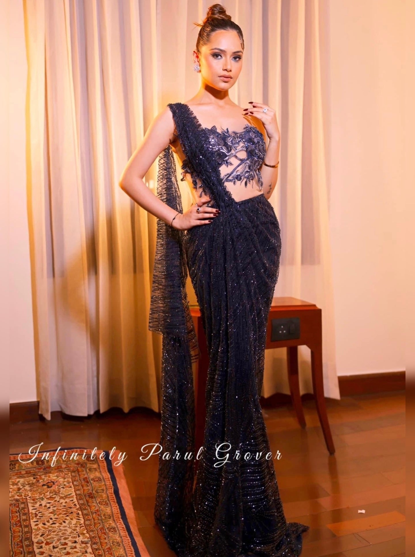 Midnight Blue Embellished Net Saree