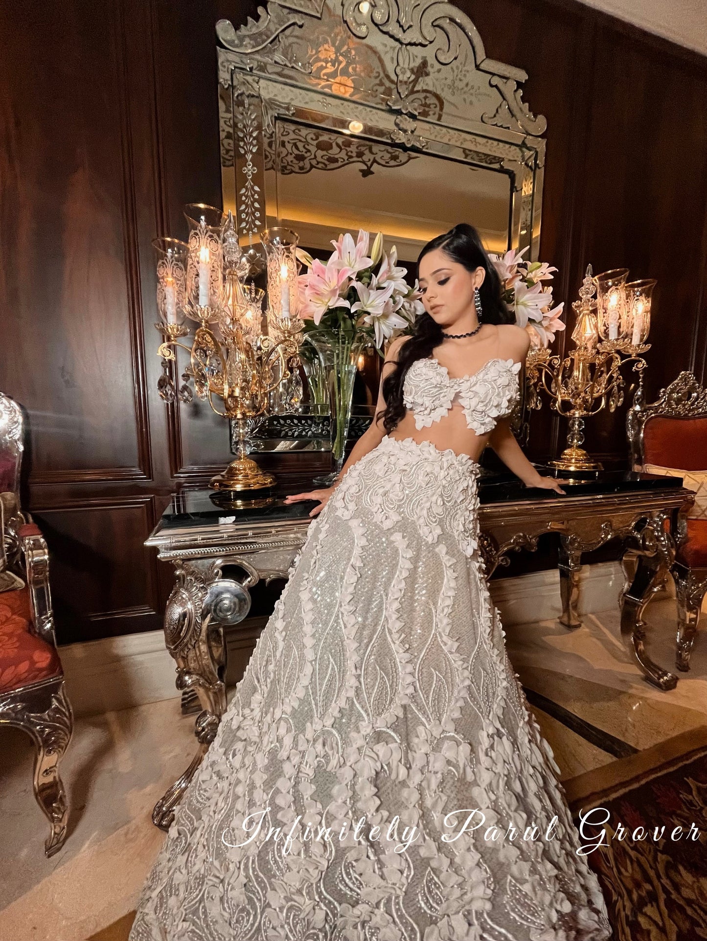 Ivory Lehenga and Blouse Set with 3-D Floral Embellishments