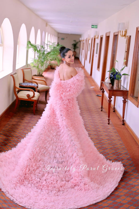 Blush Pink Linear Gown with Attached Cape