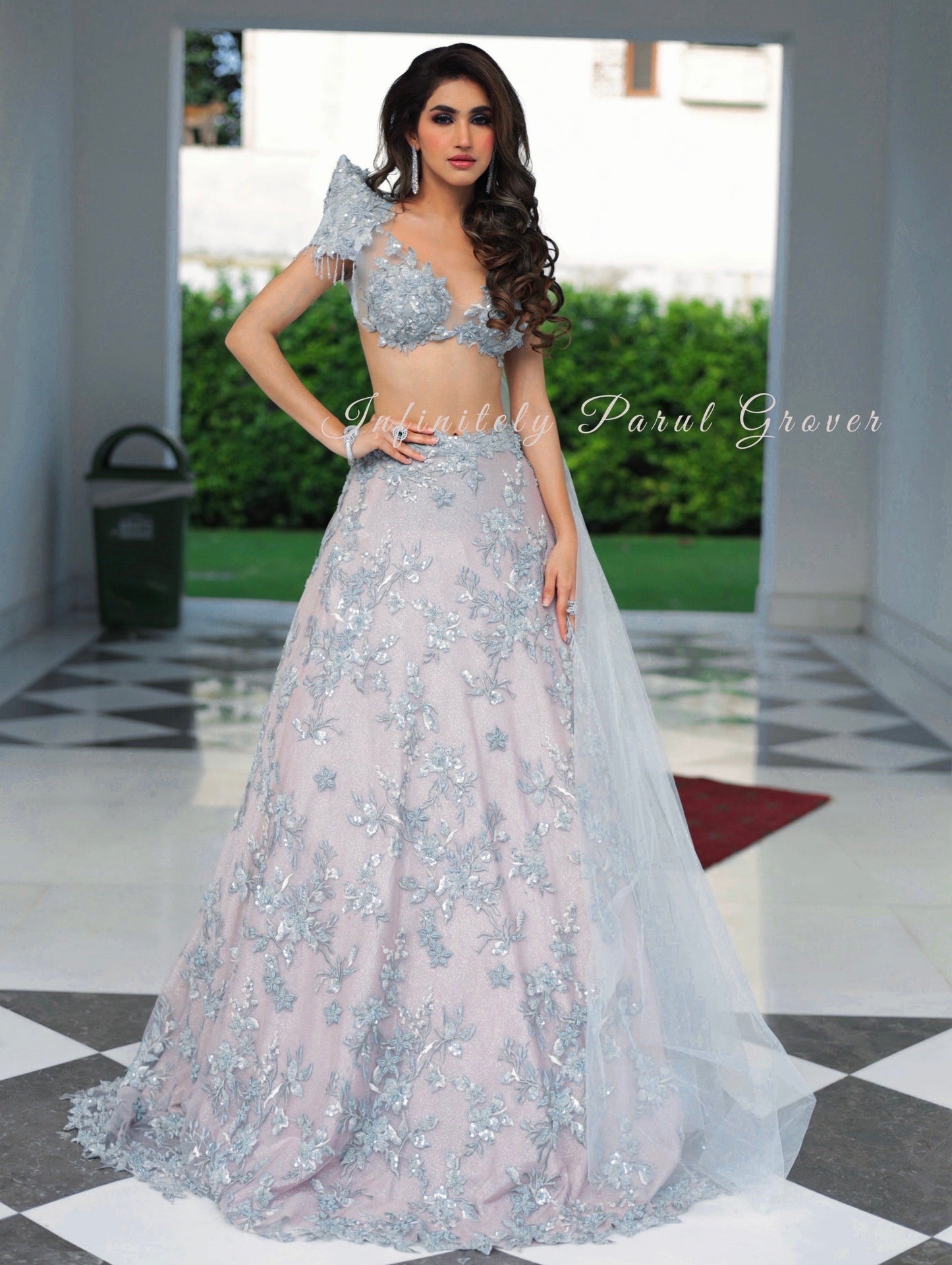 Rose Pink Lehenga and Blouse Set with Venus Blue Embellishments