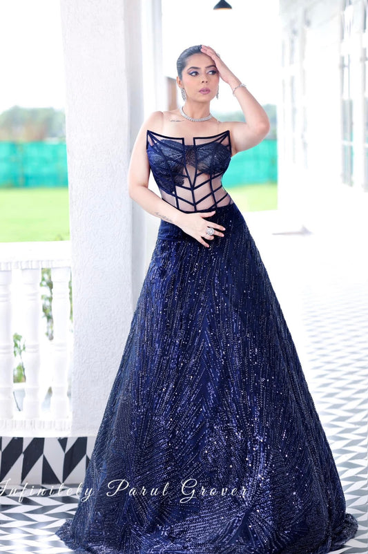 Midnight Blue Corset and Lehenga Set