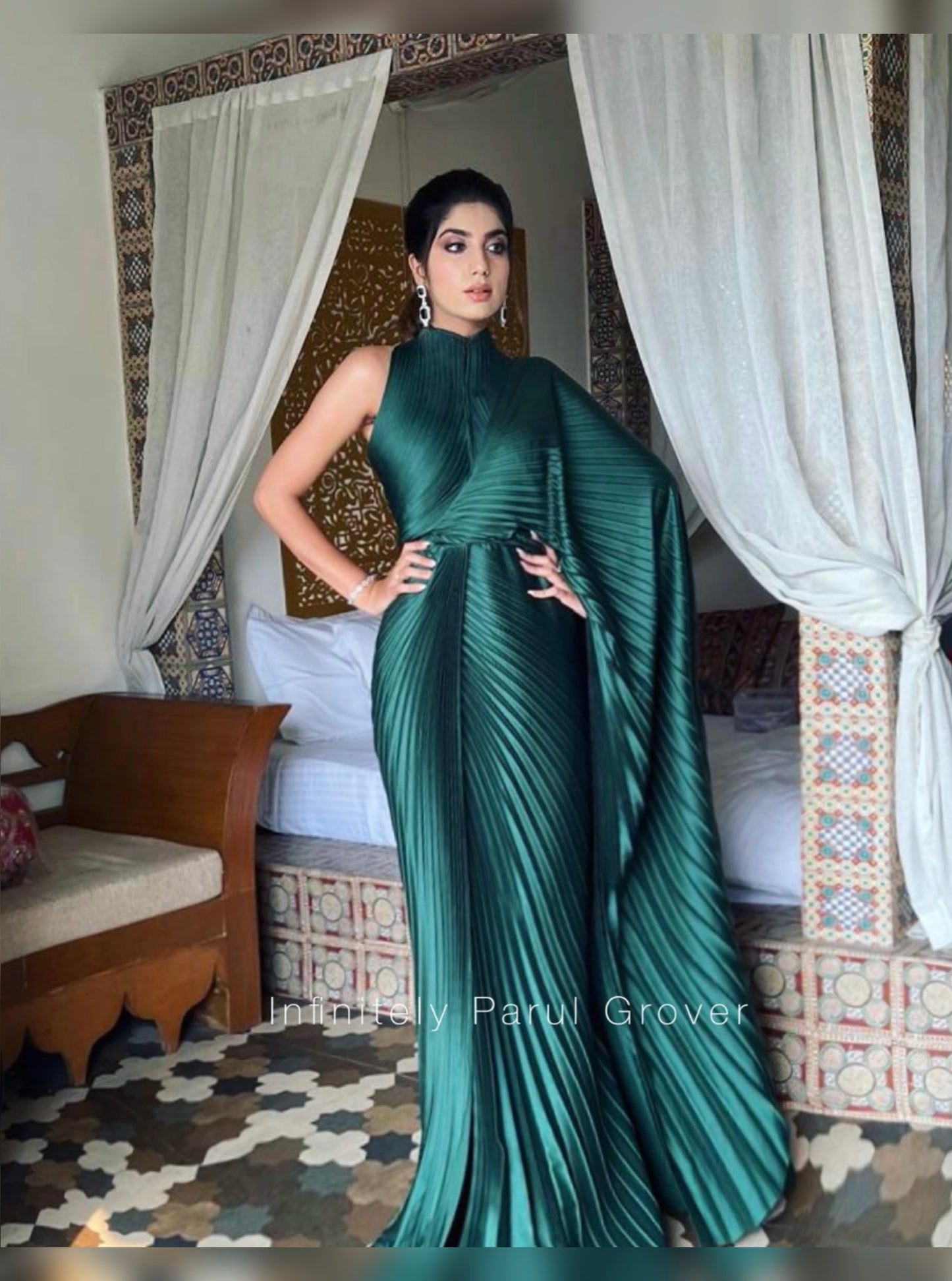 Green Pleated Satin Saree