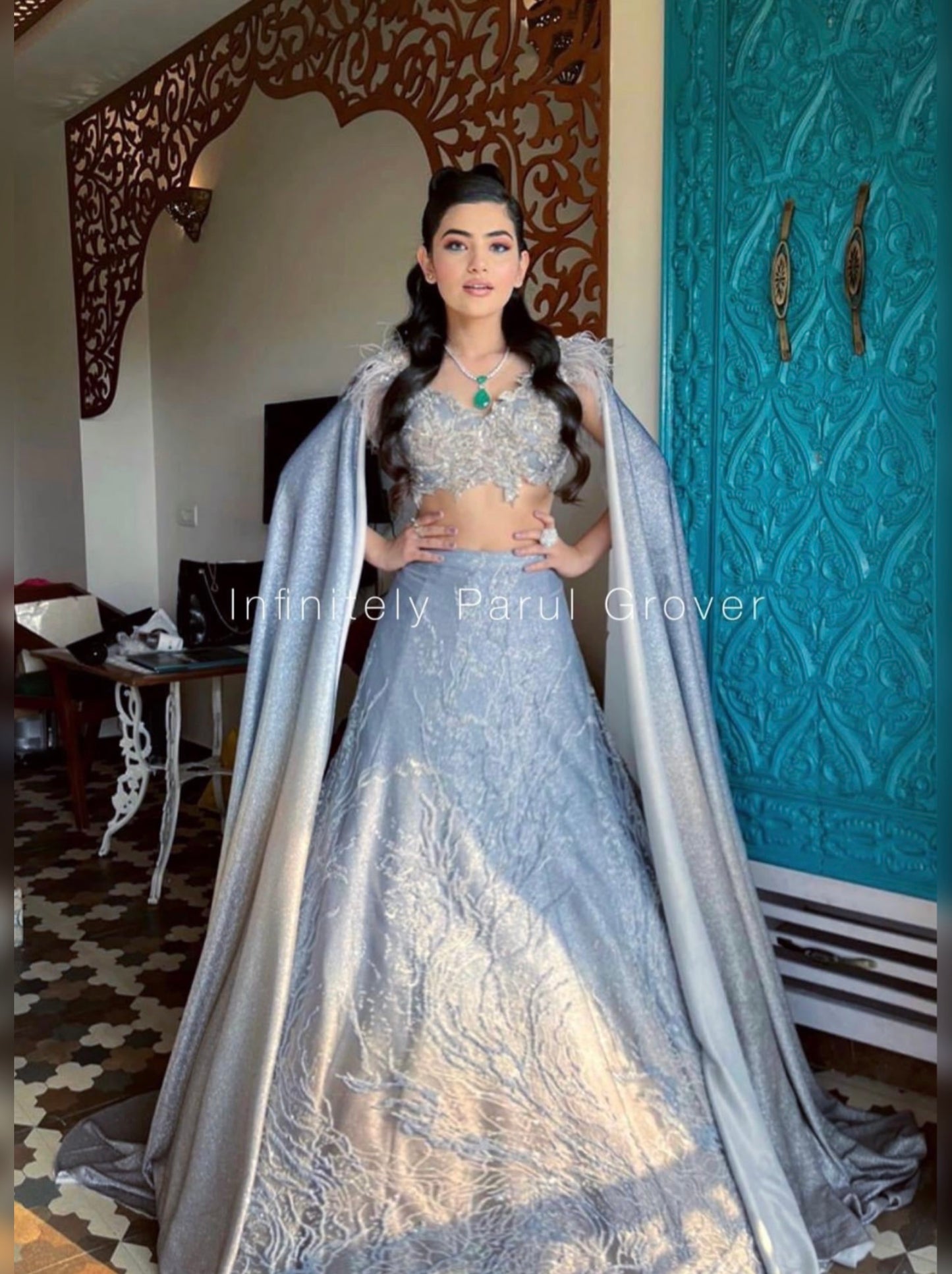 Blue-Grey Blouse and Lehenga Set