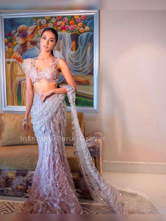 Grey-Pink Sequin and Glass Bead Embellished Net Saree