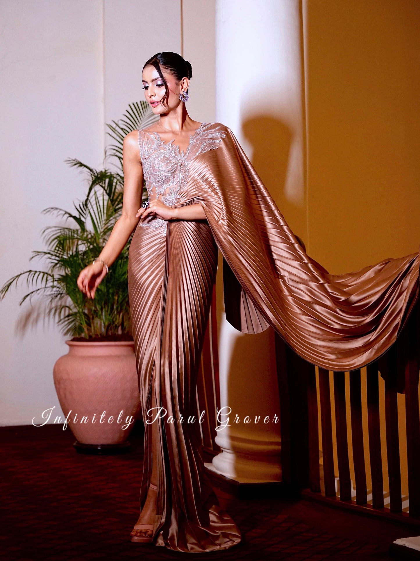 Pleated Satin Drape Saree in Gold with Attached Embroidered Blouse