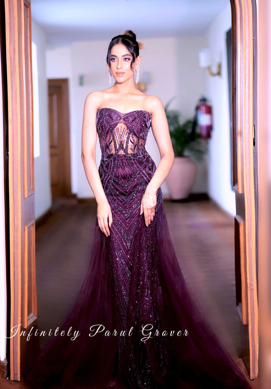 Deep Purple Sheath Gown with Sweeping Side Trails