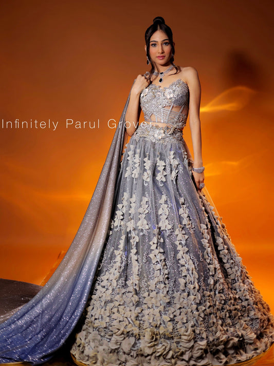 Blue-Grey 3-D Floral Embroidered Lehenga and Corset